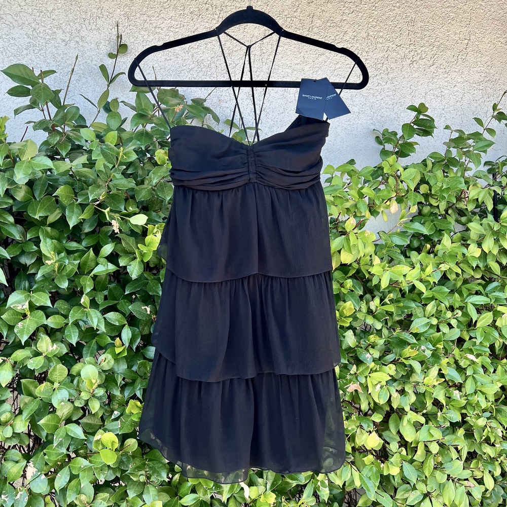 SAINT LAURENT Dress Black Silk Ruffle Tiered Mini Size 40 US 8 Medium NWT YSL - Picture 3 of 9